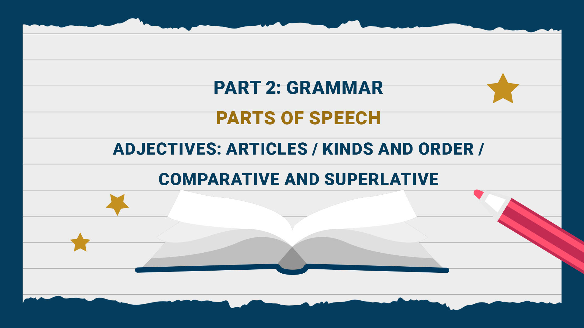 Part 2: Grammar - Parts of Speech: Adjectives: Articles - Kinds and order - Comparative and superlative